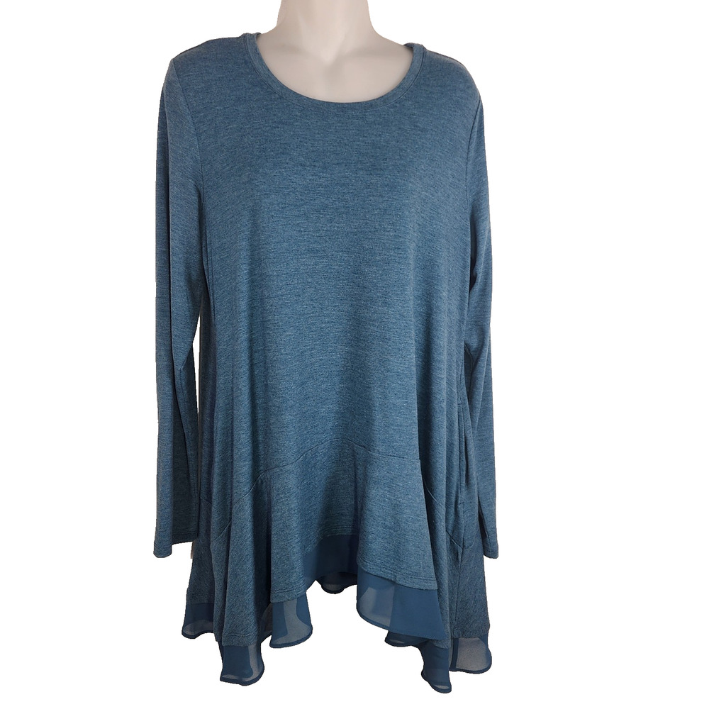 LOGO Lounge Lori Goldstein Womens Jersey Knit Top M Chiffon Hem Teal A344582